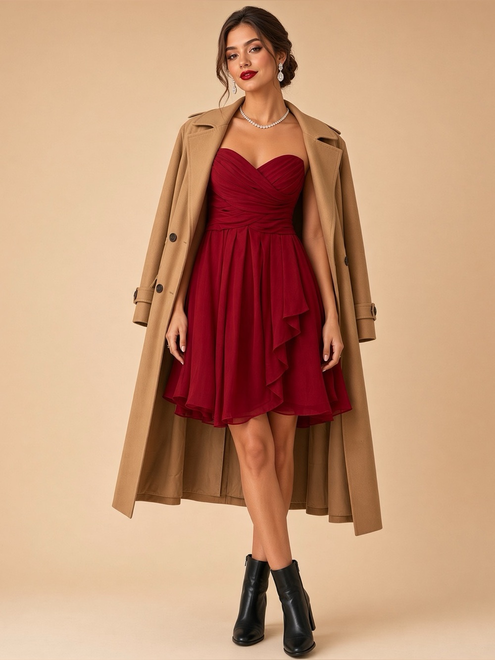 David's Bridal Elegant Strapless Red Apple Chiffon Dress 4 NWT